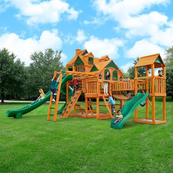 Empire Extreme Swing Set – Multi-Deck Backyard Playset with 3 Slides, Monkey Bars & Rock Wall
