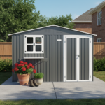 10x8 Ft Metal Storage Shed, Lockable Double Doors, Window, Waterproof | Gray